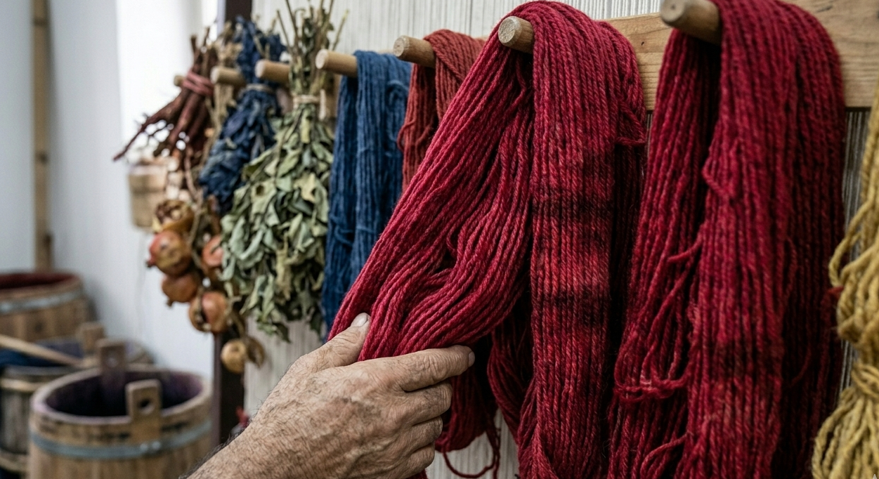 This image focuses on raw materials and the beauty of natural imperfections. We show a close-up of vibrant crimson wool yarn. The visual emphasizes two key quality markers: the 'Abrash' effect (the subtle, horizontal variations in color depth caused by uneven absorption of vegetable dyes) and a slight, glossy sheen, which indicates the fiber is rich with natural lanolin, nature's built-in stain guard.