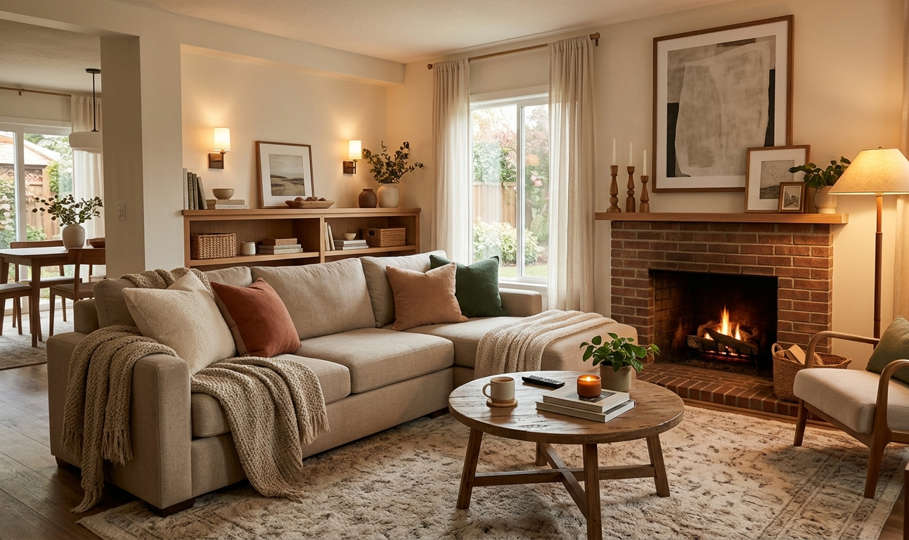 A modern living room featuring a cozy living room atmosphere with a warm living room sofa set, a brick fireplace focal point, and thoughtful living room design elements including mid-century living room furniture and layered textiles.