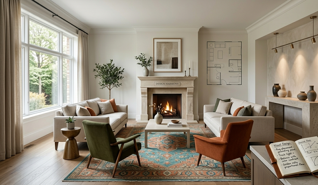 A professionally designed living room featuring a large, intricate area rug as a central focal points, anchored by a natural stone fireplace and balanced furniture arrangement that demonstrates visual hierarchy and design harmony.