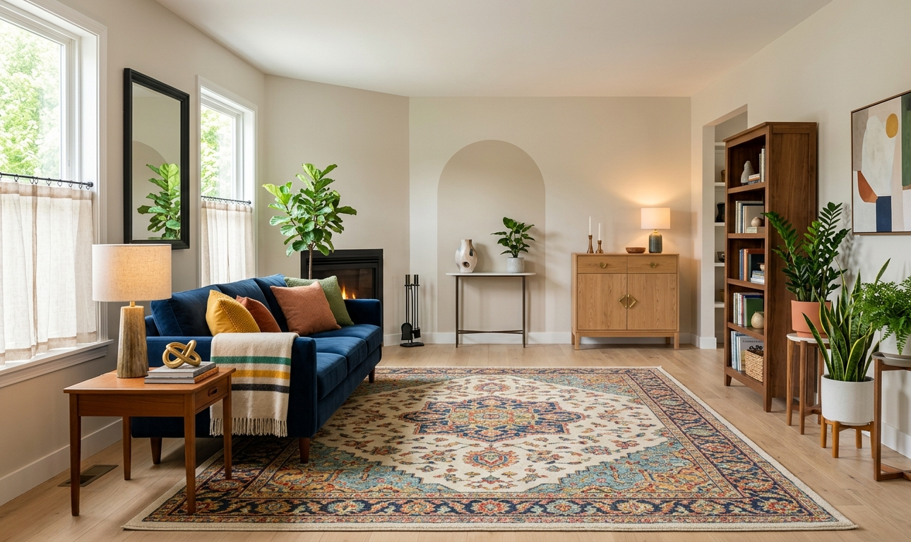 A bright, modern living room showcasing various home decor ideas to create a visually balanced and inviting sanctuary. A large, intricate rug anchors the space, with all major furniture legs resting on the fabric to define the living area. The navy blue velvet sofa is pulled away from the wall to demonstrate a "floating furniture" layout that adds depth and improves room flow.
