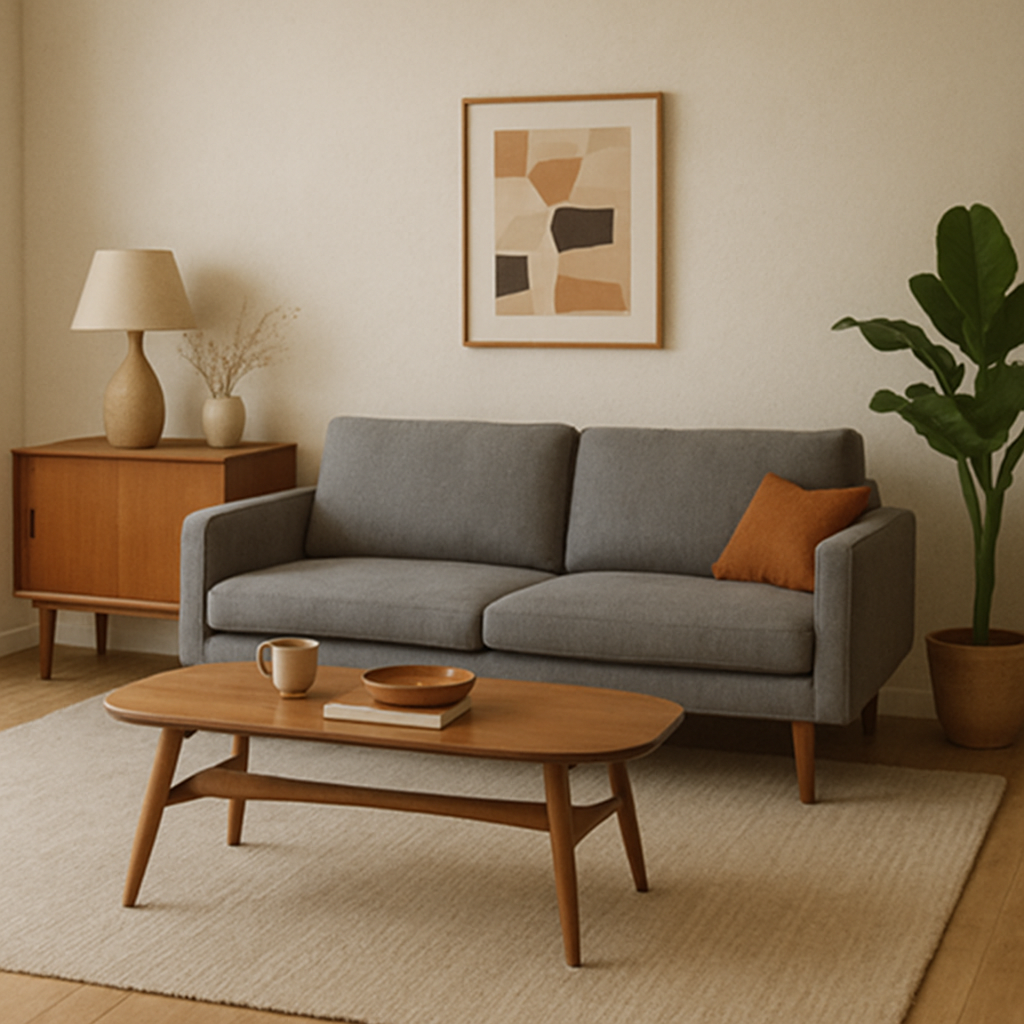 Cozy Living Room Design: Transform Your Space 3 A mid-century modern living room setup with a sleek sofa and wooden coffee table