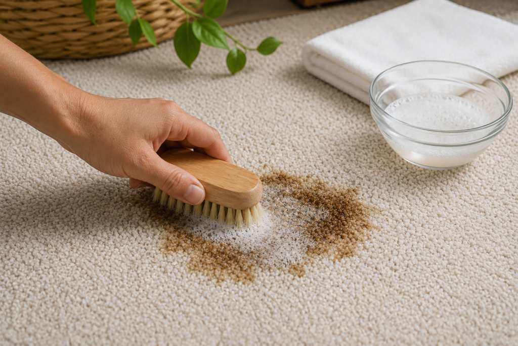 removing coffee stain from carpet with soft brush cleaning method