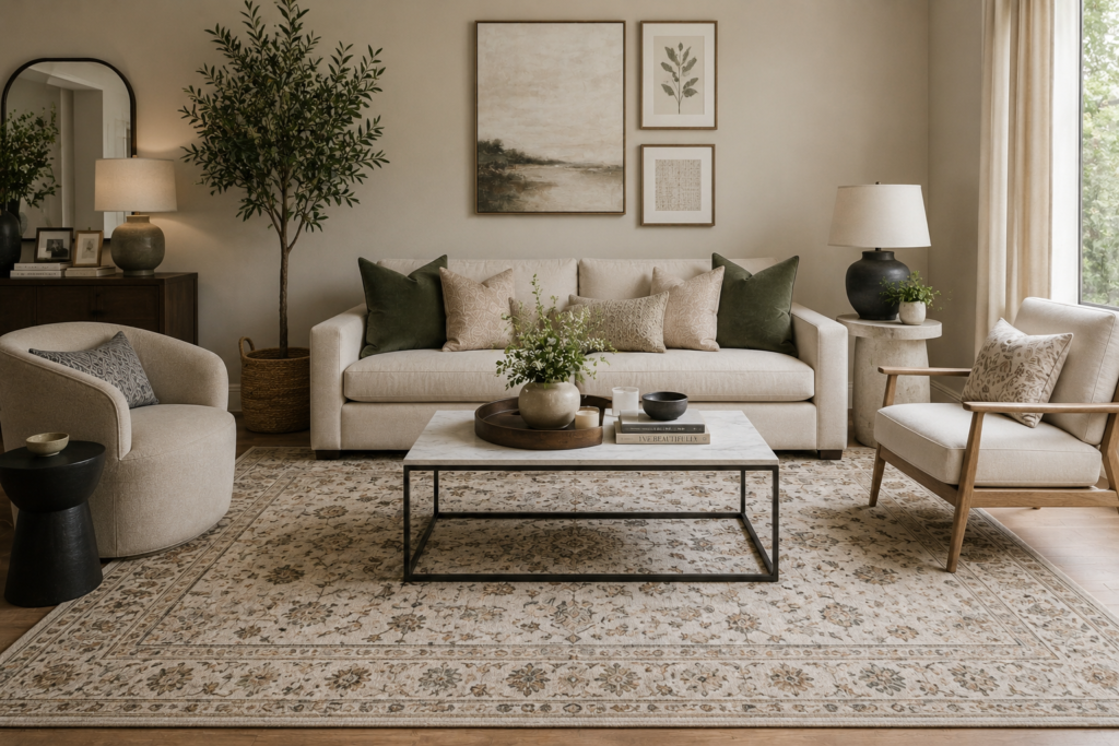 How to Choose a Rug Color: 5 Expert Tips for a Beautiful and Balanced Home 3 How to Pick a Rug Color for Living Room with Neutral Furniture and Handmade Area Rug