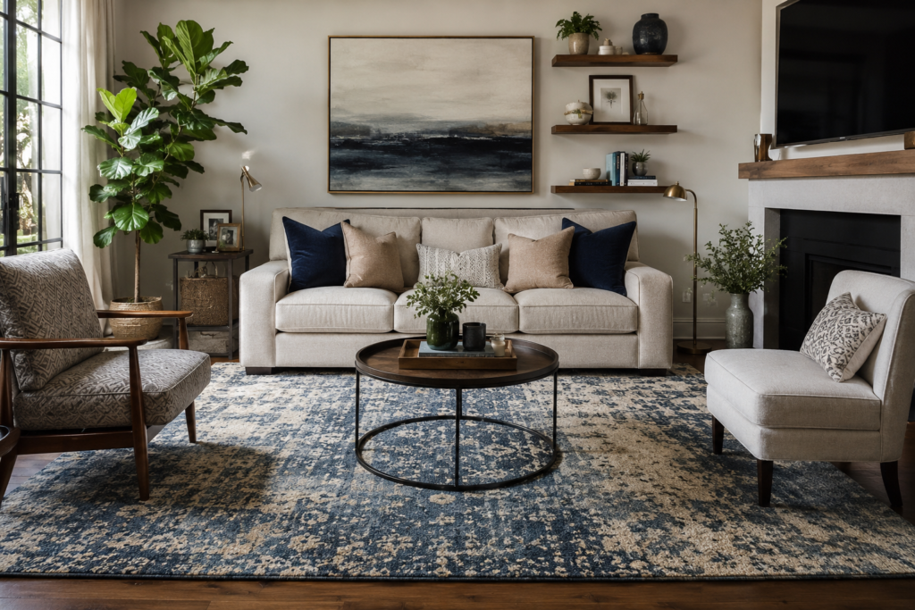How to Choose a Rug Color: 5 Expert Tips for a Beautiful and Balanced Home 2 How to Choose a Rug Color with a Blue and Gray Area Rug in a Modern Living Room