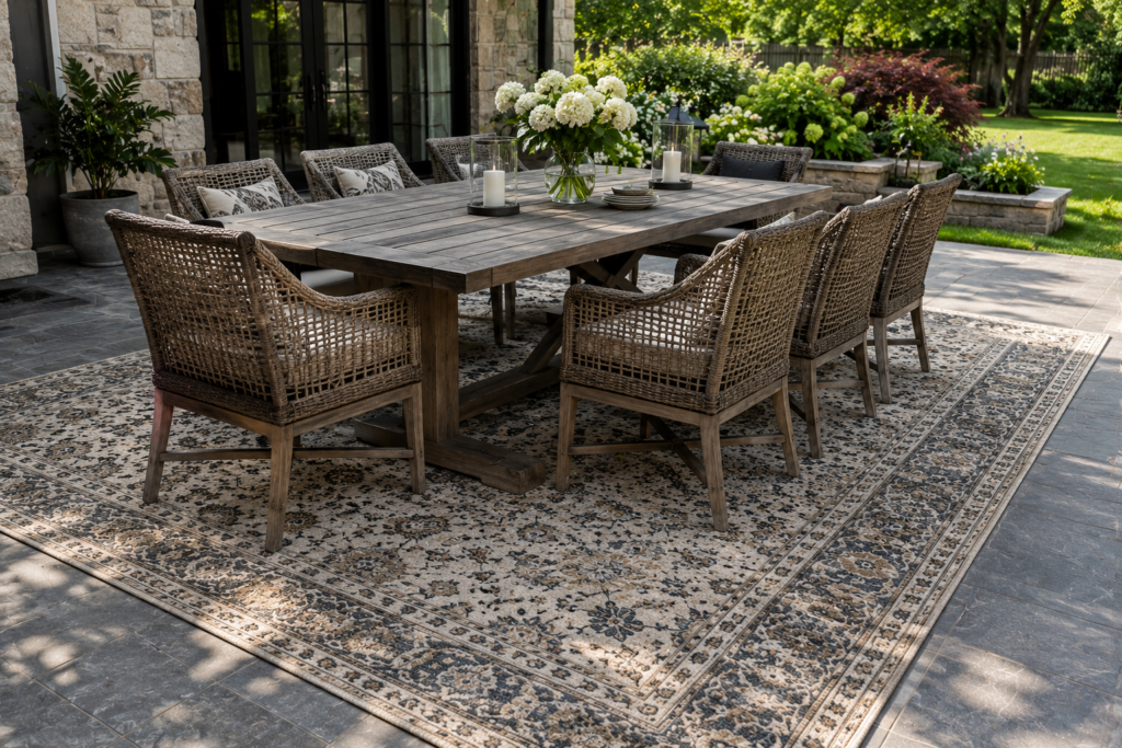 Large 10x14 outdoor rug in a luxury poolside lounge with modern outdoor furniture