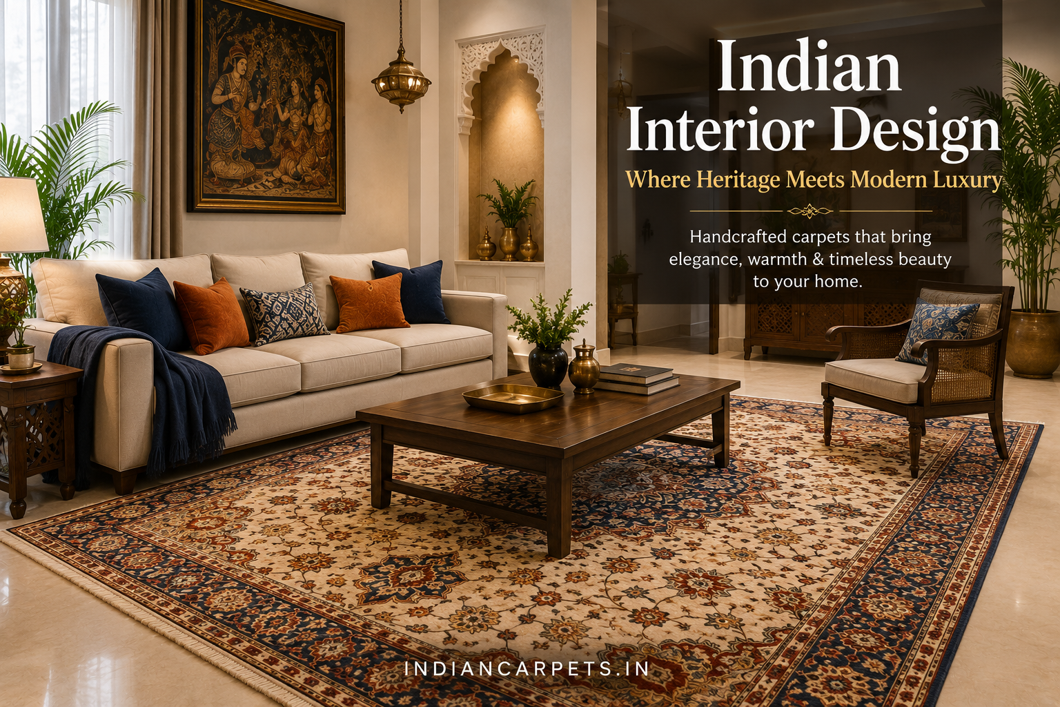 Indian interior design ideas showcasing a luxury handmade carpet in a modern Indian villa where traditional heritage meets contemporary elegance