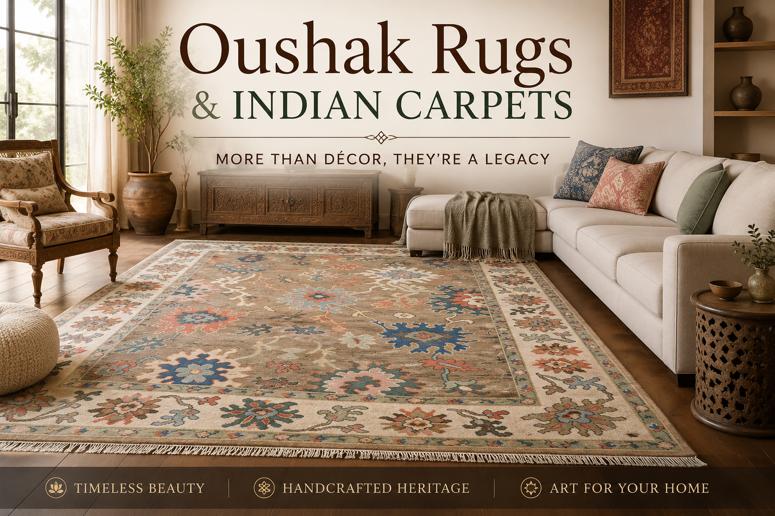 Oushak rugs and handmade Indian carpets showcased in a luxury living room with timeless artisan craftsmanship