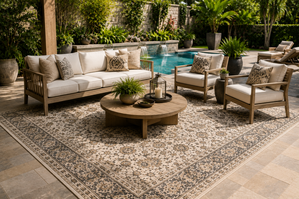 Luxury 10x14 outdoor rug in a modern poolside lounge by Indian Carpets