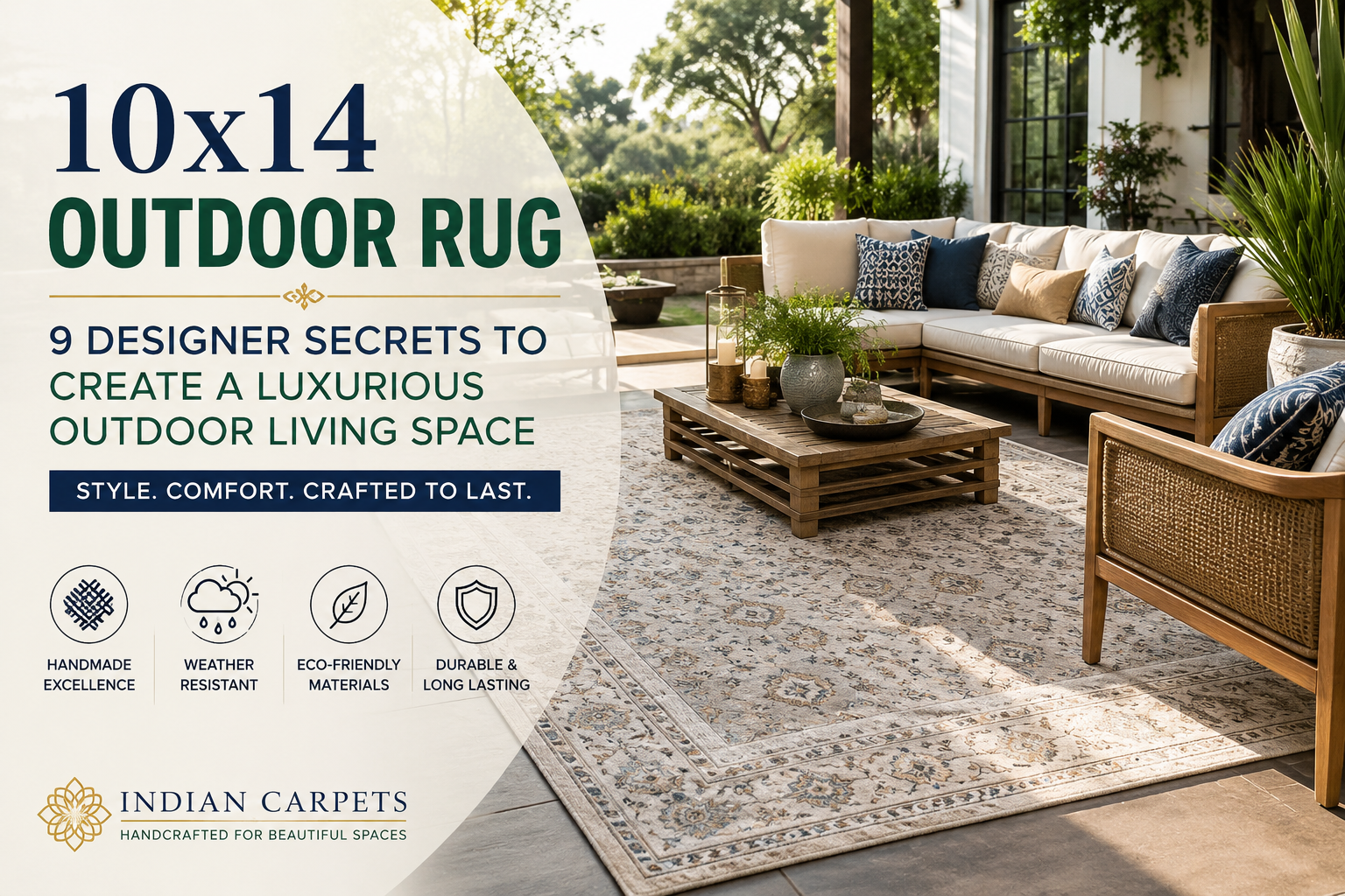 Luxury 10x14 outdoor rug creating an elegant modern patio living space
