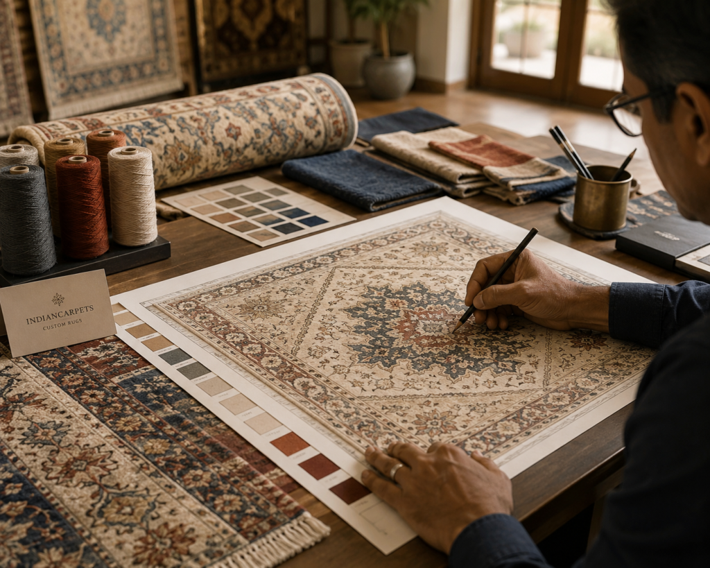 How to Choose a Rug Color: 5 Expert Tips for a Beautiful and Balanced Home 6 Custom Handmade Carpet Design Process by Indian Carpets Artisans Creating Bespoke Rugs