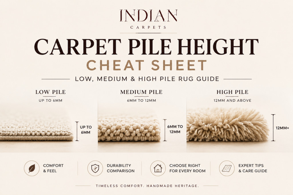 Carpet Pile Height Guide: How to Choose the Right Rug for Every Room 2 Minimal luxury carpet pile height guide banner featuring handmade wool rugs with low, medium, and high pile comparison by Indian Carpets.