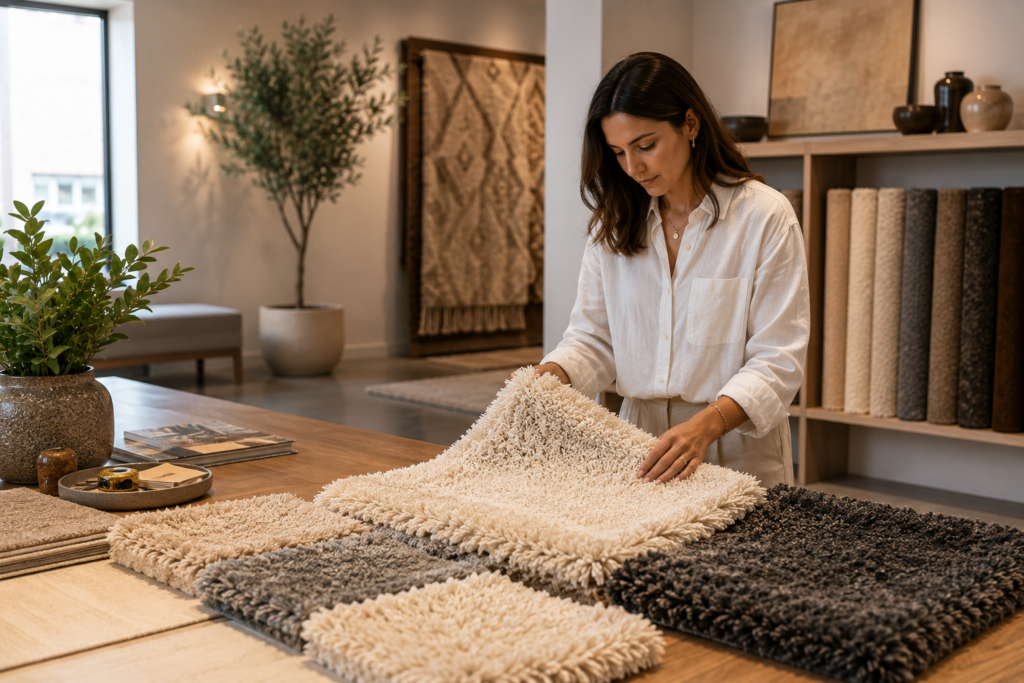 Shag Rug Guide: 11 Essential Things to Know Before You Buy 4 Customer comparing handcrafted shag rug samples in a modern showroom to choose the perfect fluffy rug for a luxury home interior.