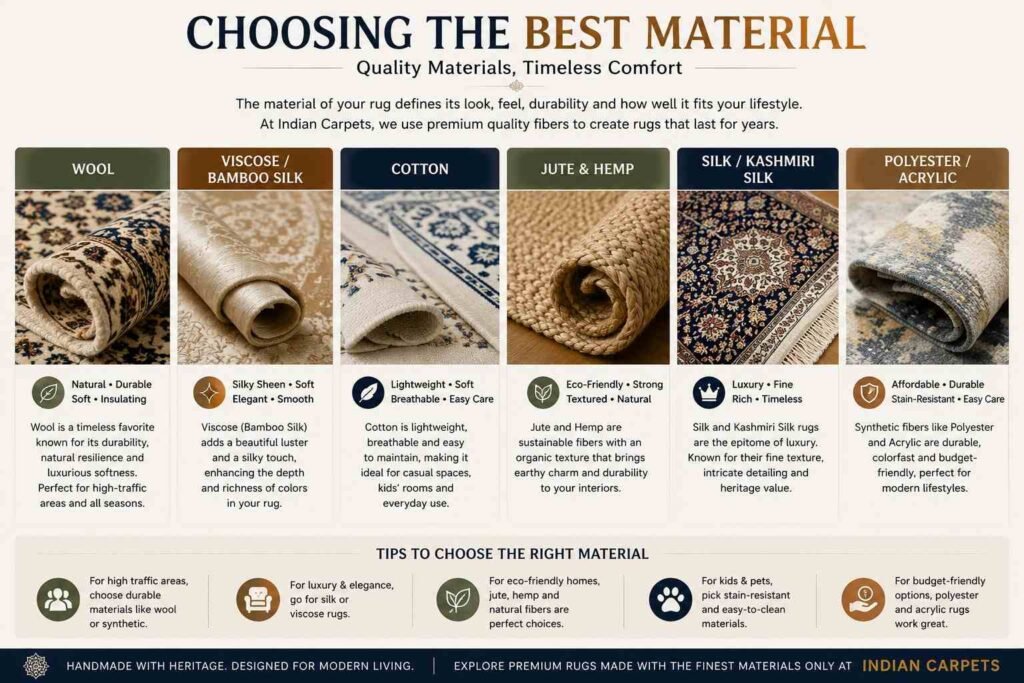 How Big Is a 3x5 Rug? The Complete Size Guide, Room Placement Ideas & Buying Tips 3 rug material guide comparing wool, viscose, cotton, jute, silk, polyester and acrylic carpet fibres