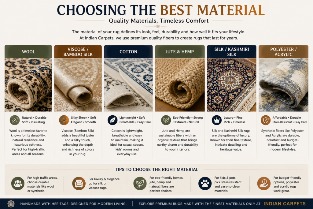 Choosing the best rug material with handmade wool, silk, cotton, and jute rugs by Indian Carpets