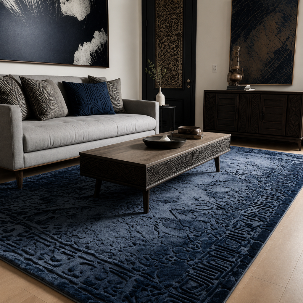 Navy blue handmade area rug with light grey couch, luxury grey couch area rug ideas for modern living room interiors.