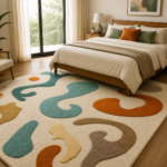 Arbora luxury irregular hand tufted New Zealand wool carpet featuring organic botanical abstract design in TEAL, ORANGE, BEIGE, TAN and LIGHT BROWN by Indian Carpets