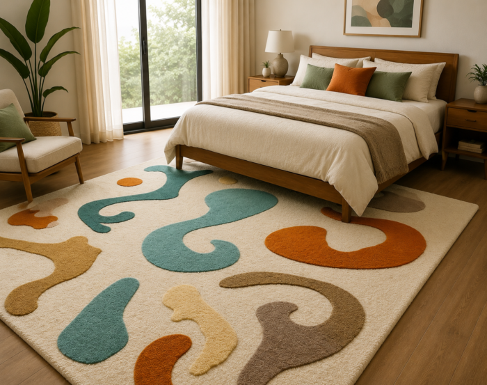 Arbora luxury irregular hand tufted New Zealand wool carpet featuring organic botanical abstract design in TEAL, ORANGE, BEIGE, TAN and LIGHT BROWN by Indian Carpets