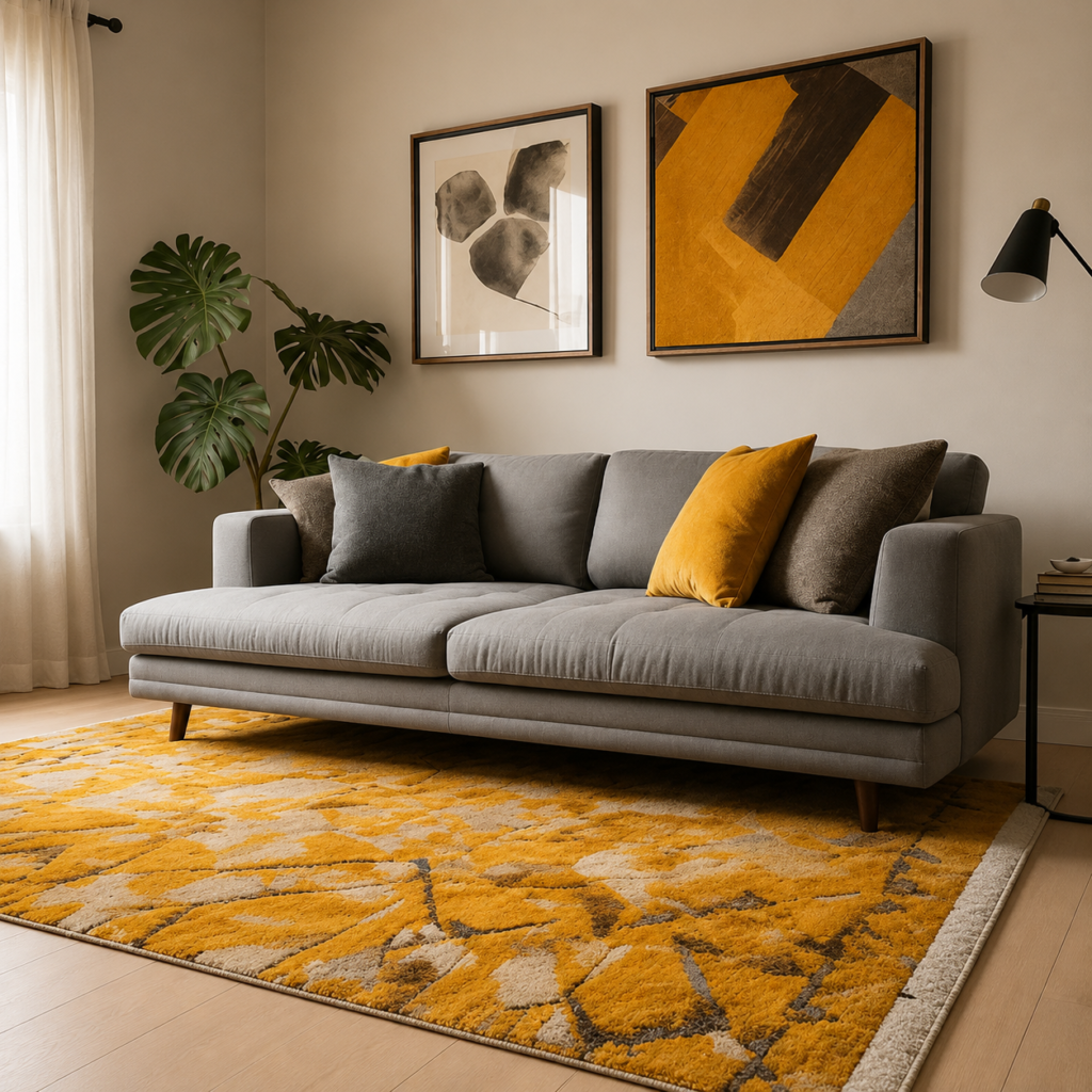 Mustard abstract handmade rug with grey sofa in Scandinavian living room, best color rug for grey couch with modern decor.