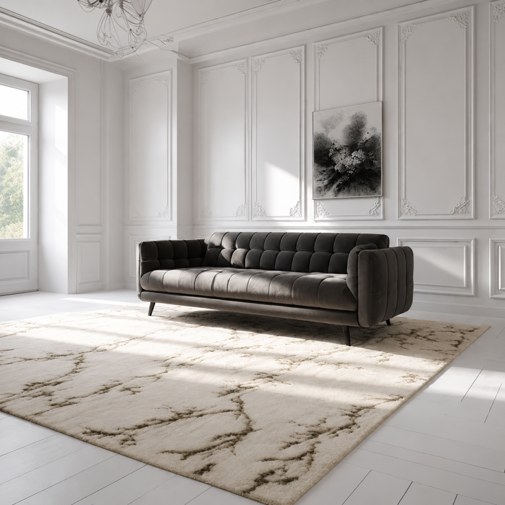 ivory handmade area rug with dark grey couch in a modern living room, best color rug for grey couch and neutral grey sofa rug ideas.