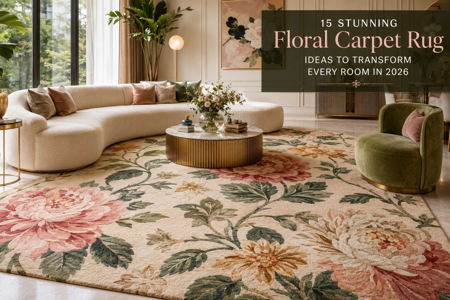 Floral carpet rug handcrafted from New Zealand wool in a luxury modern living room with elegant botanical floral design