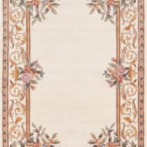 Rosavelle luxury hand tufted New Zealand wool floral border carpet featuring elegant ornamental vines and bouquets in ACCENT CREAM, BLUSH PINK, GOLD, LIGHT BROWN and Slate Gray by Indian Carpets