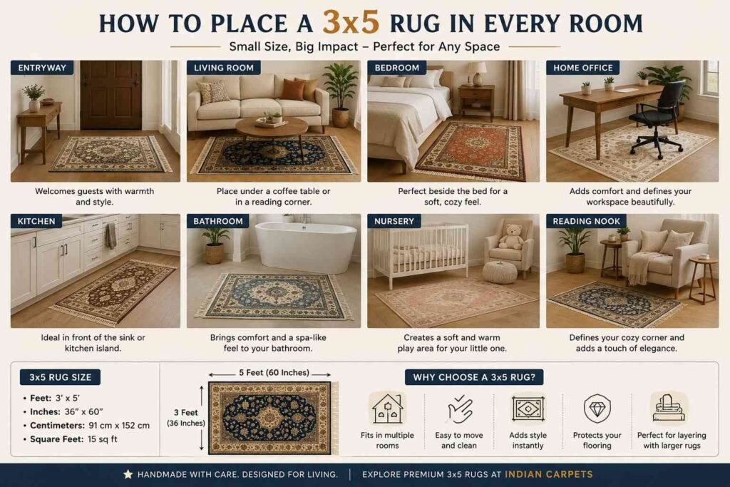 How Big Is a 3x5 Rug? The Complete Size Guide, Room Placement Ideas & Buying Tips 2 how big is a 3x5 rug infographic showing rug dimensions and placement ideas for eight rooms
