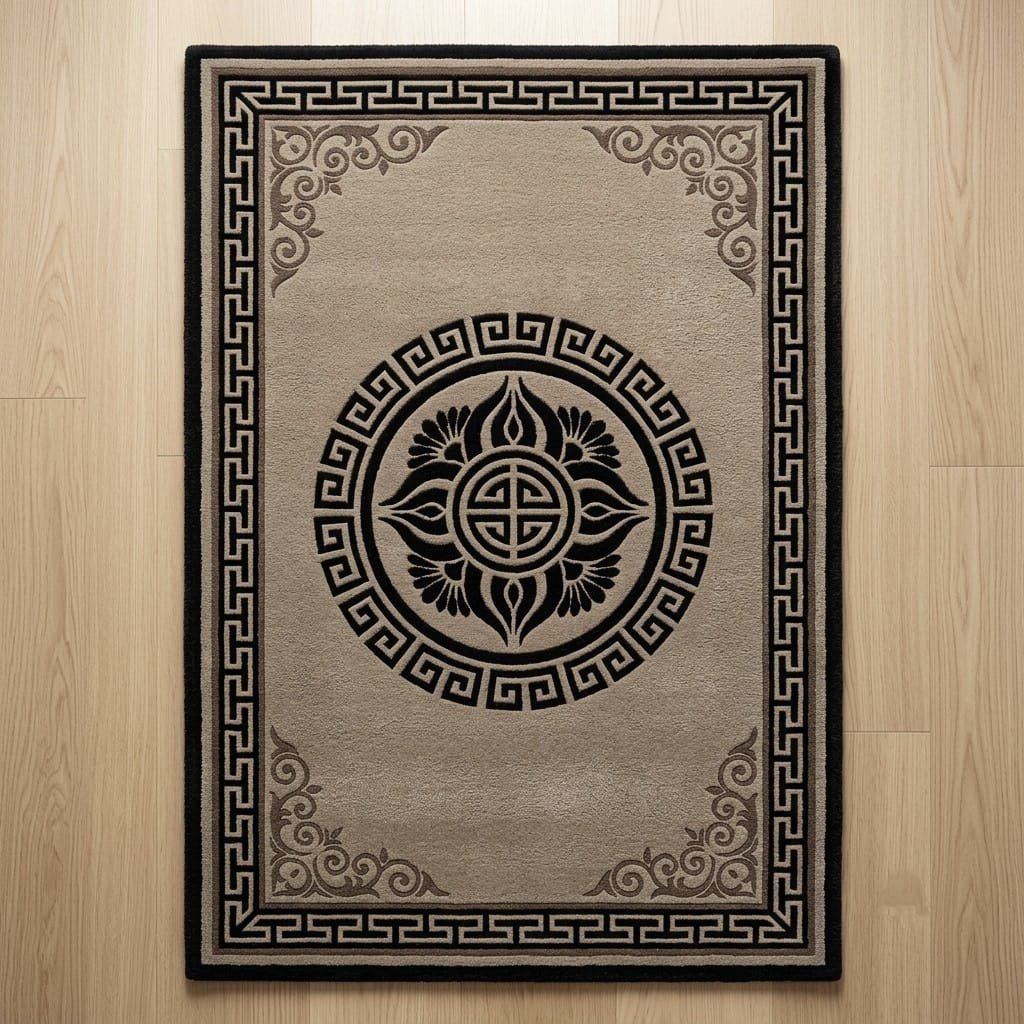 Kaleen for floor: how to choose the right rug for your home 2 Grey kaleen for floor with a black medallion and Greek key border on hardwood