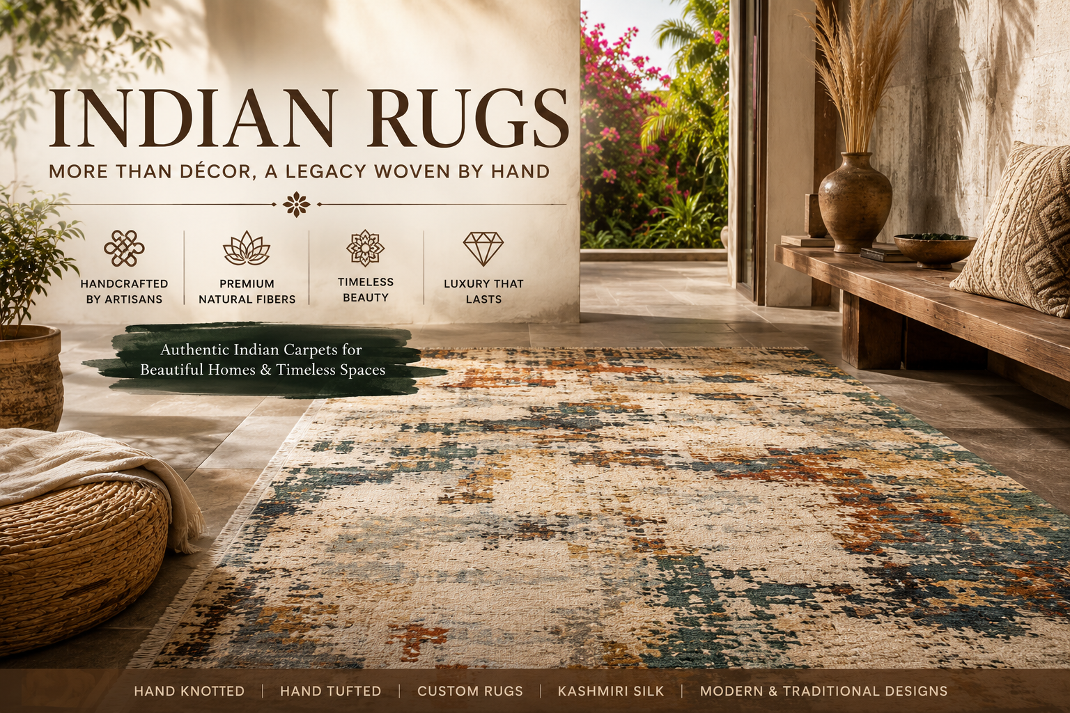 Luxury handcrafted Indian rugs in a modern designer living room showcasing premium Indian carpet craftsmanship