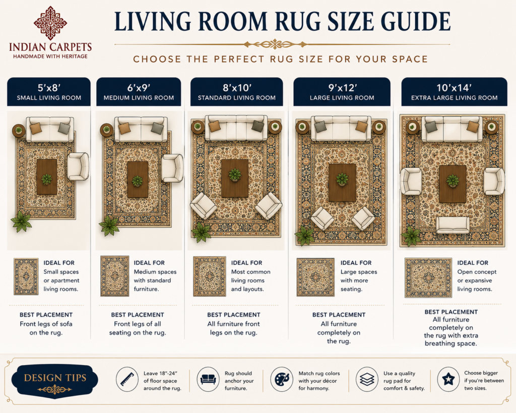 Standard Rug Sizes: The Complete Room-by-Room Rug Size Guide for Every Home 3 Living room rug size guide with standard area rug sizes and furniture placement