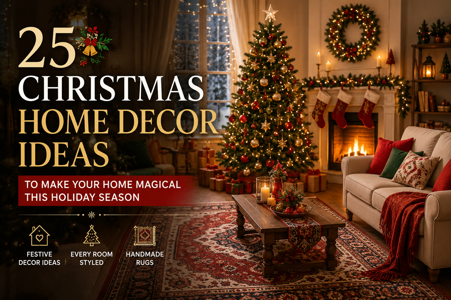 Christmas home decor ideas with handmade rugs in a luxury festive living room