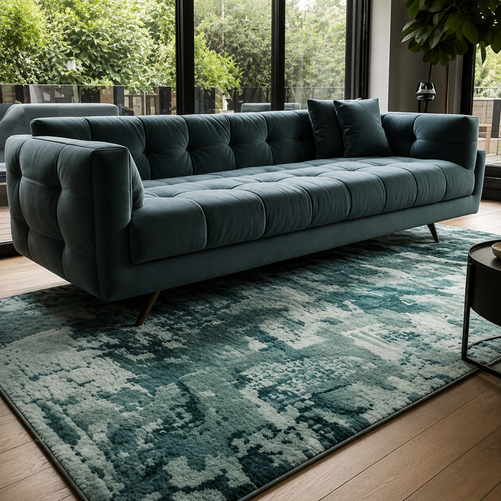 Green handmade rug with grey sofa in a bright modern living room, stylish rug with grey couch and indoor plants.