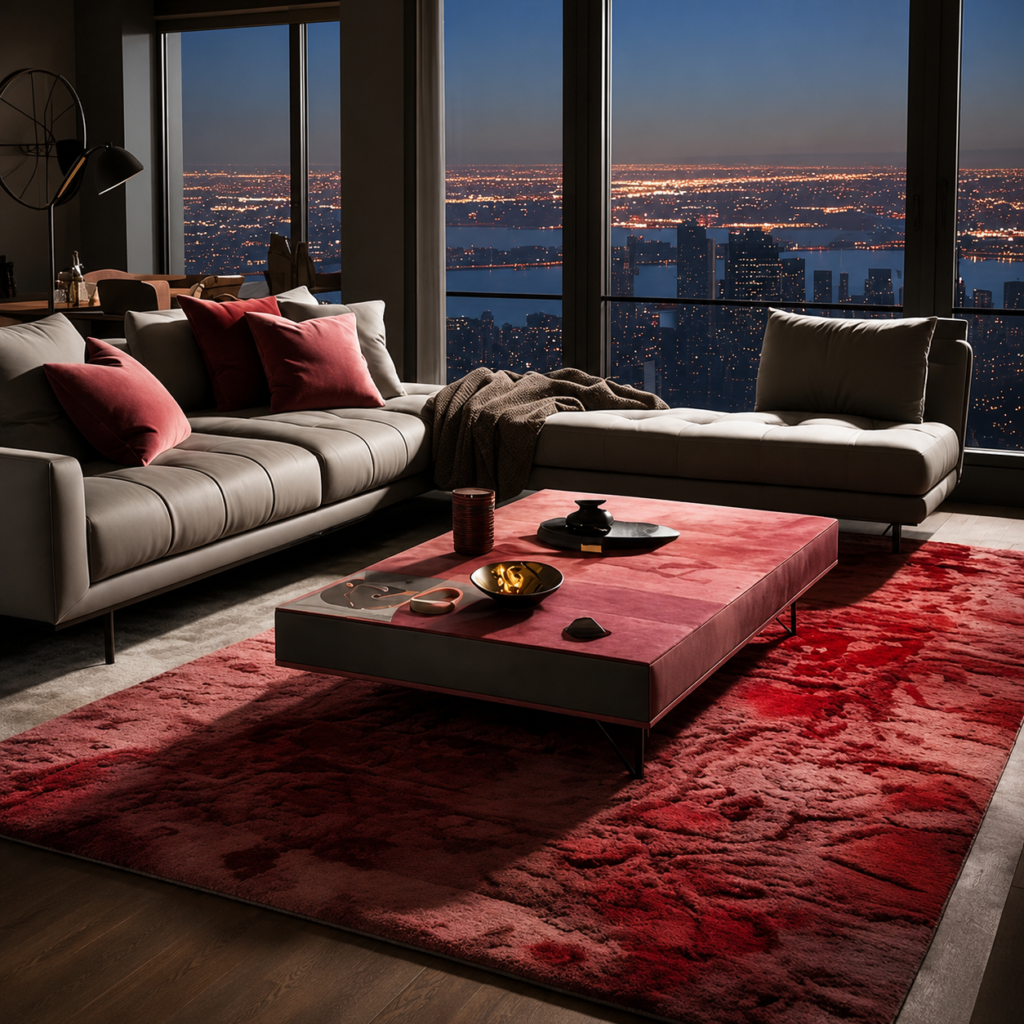 Wine red handmade rug with grey couch in a luxury apartment, elegant rugs for grey couches and contemporary interior design.