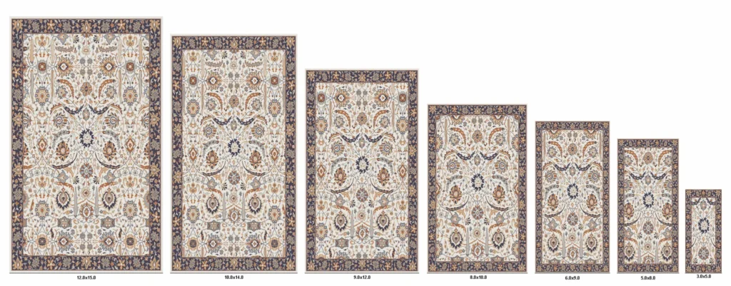Standard Rug Sizes: The Complete Room-by-Room Rug Size Guide for Every Home 6 Standard rug sizes comparison showing 3x5, 5x8, 6x9, 8x10, 9x12, 10x14, and 12x15 handmade area rugs by Indian Carpets