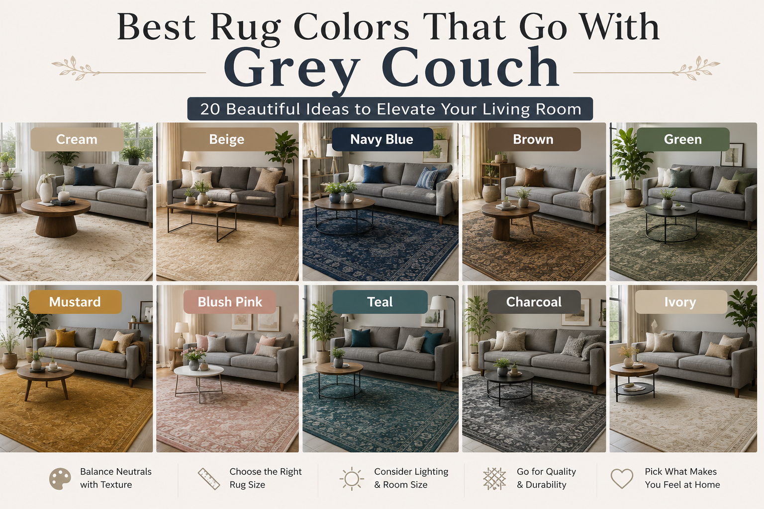 Best color rug for grey couch featuring cream, beige, navy blue, brown, green, mustard, blush pink, teal, charcoal, and ivory handmade rugs paired with a modern grey sofa in stylish living room designs.