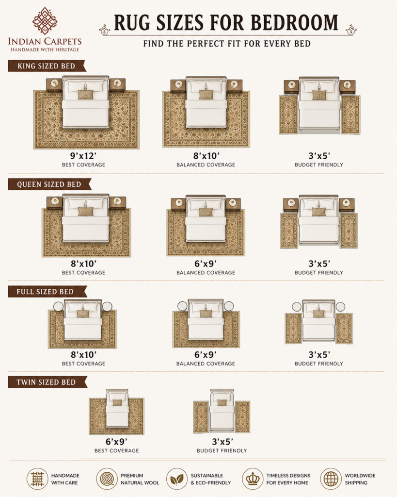 Standard Rug Sizes: The Complete Room-by-Room Rug Size Guide for Every Home 4 Bedroom rug size guide showing rug sizes for king queen full and twin beds