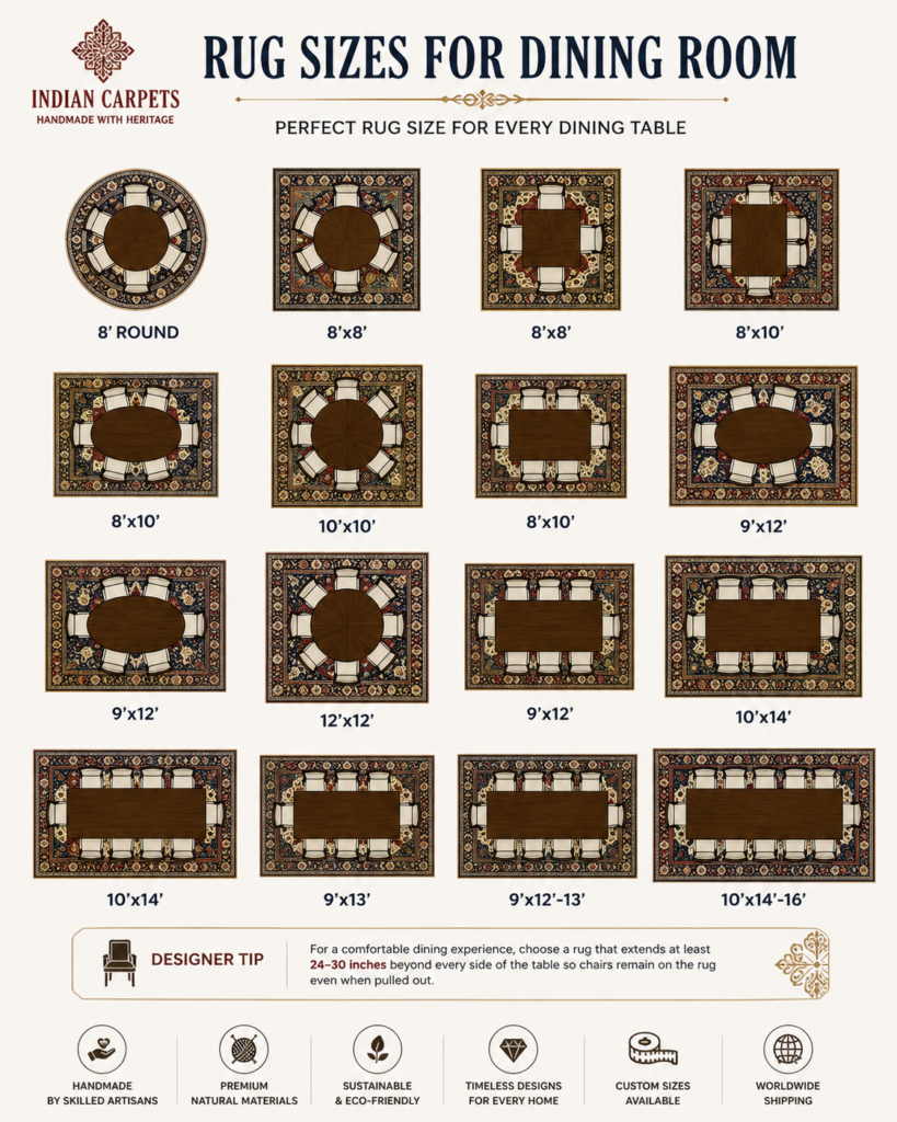 Standard Rug Sizes: The Complete Room-by-Room Rug Size Guide for Every Home 5 Dining room rug size chart showing standard rug sizes for 4 6 and 8 seater dining tables