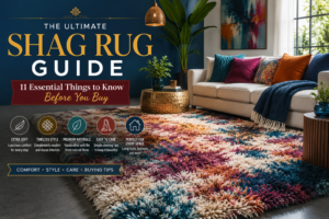 Luxury handmade shag rug in a modern living room – complete shag rug buying guide featuring fluffy rug styles, soft shaggy carpet, and white fluffy rug inspiration.