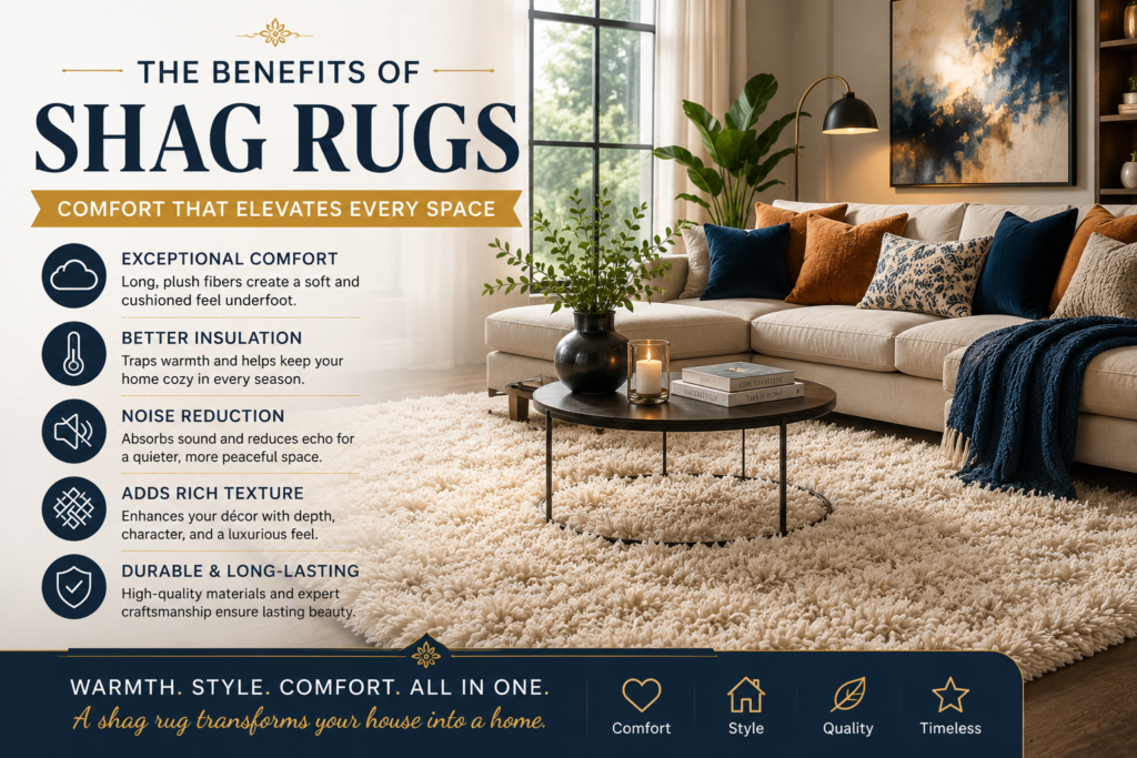 Shag Rug Guide: 11 Essential Things to Know Before You Buy 3 Luxury handcrafted shag rug in a modern living room showcasing the benefits of shag rugs, including comfort, insulation, durability, and soft fluffy texture.
