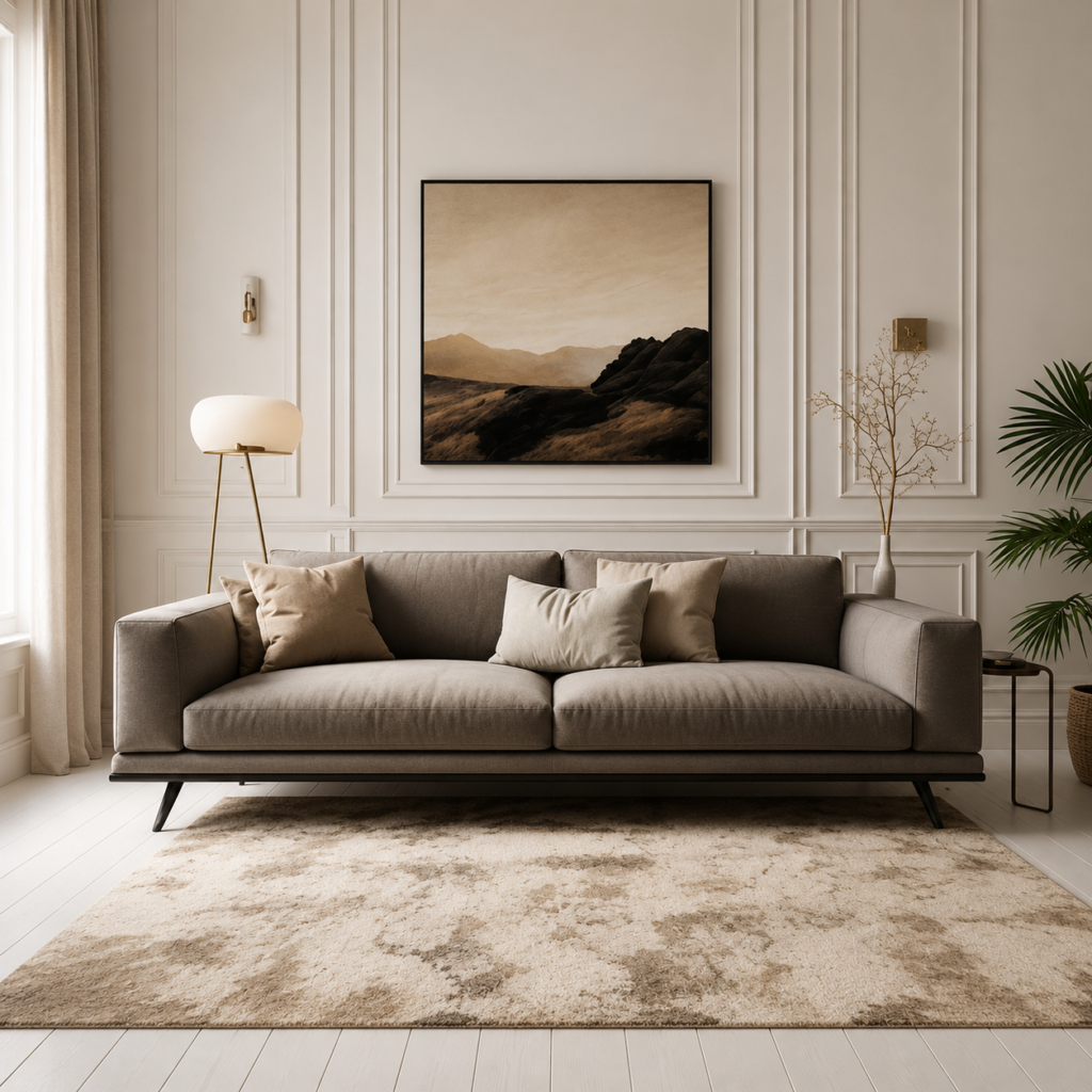 Beige handmade rug for grey couch creating a warm modern living room with stylish rugs for grey sofa and contemporary home decor.