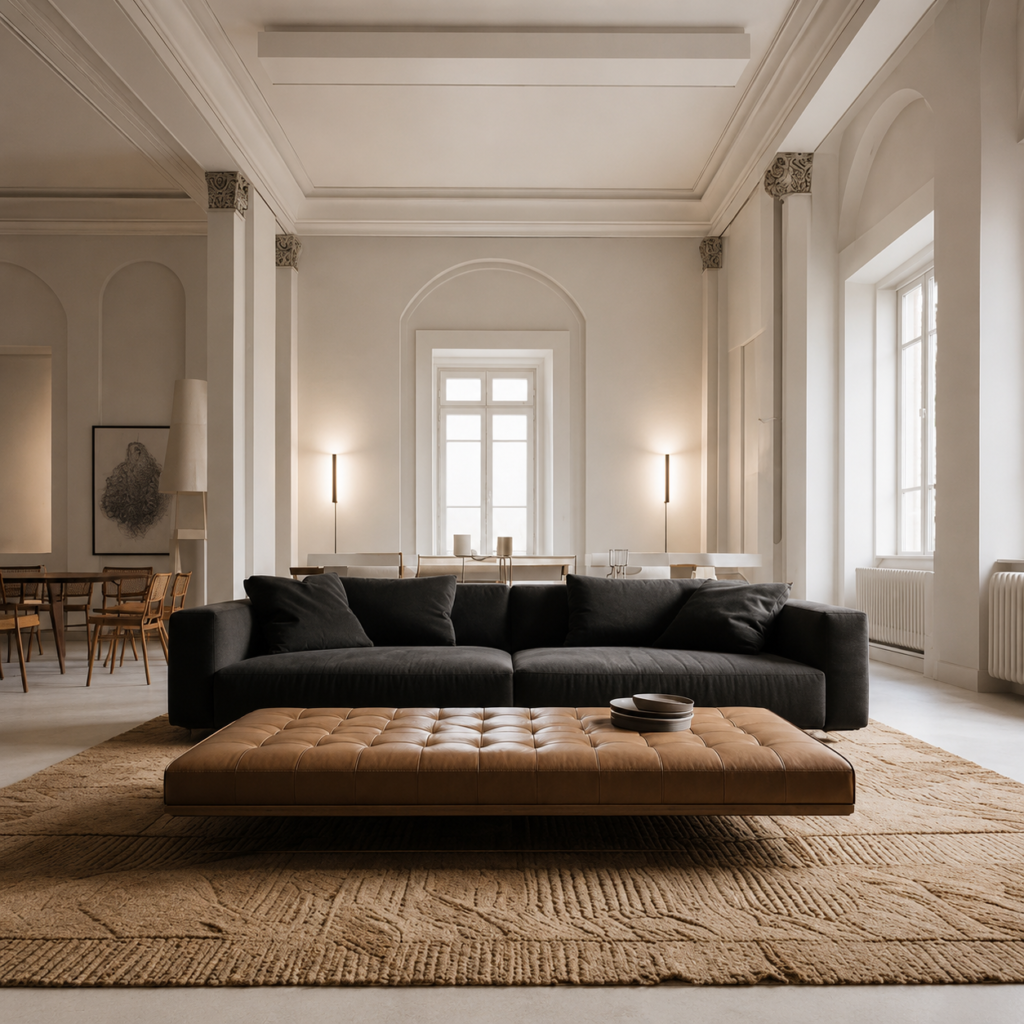 Brown wool rug with grey couch adding warmth and elegance, best rug for grey couch in a contemporary living room.