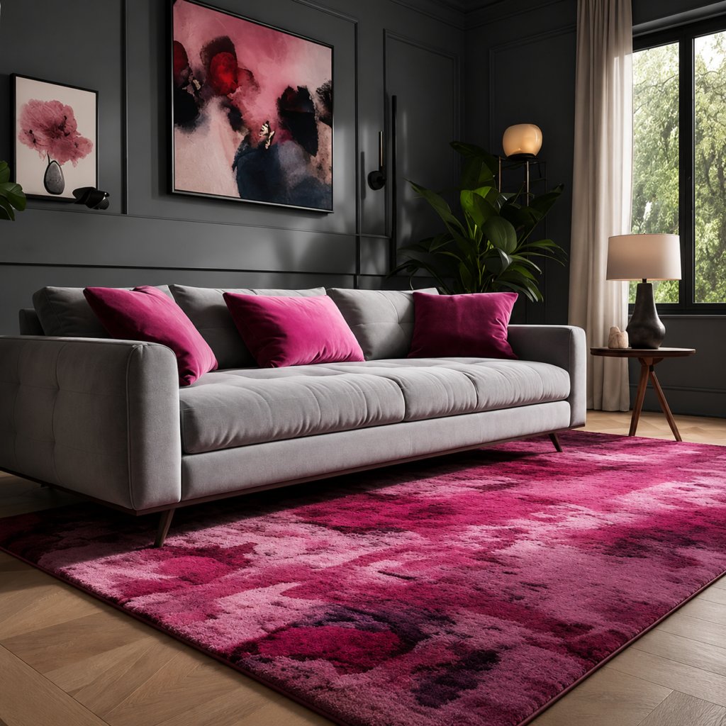 Magenta handmade area rug with grey couch creating a bold modern living room, colorful rug with grey couch inspiration.