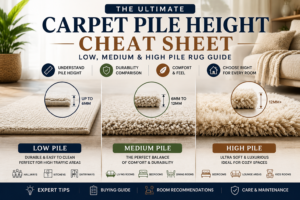 Carpet pile height comparison showing low pile, medium pile, and high pile rugs with thickness guide for choosing the best rug for every room.