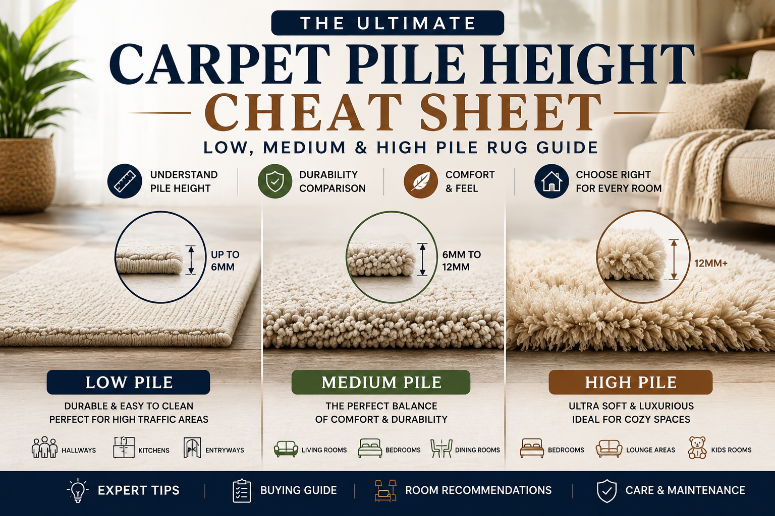 Carpet pile height comparison showing low pile, medium pile, and high pile rugs with thickness guide for choosing the best rug for every room.