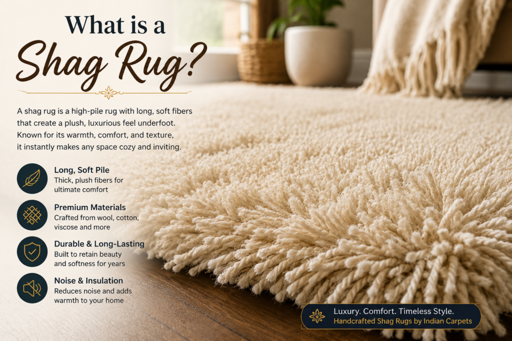 Shag Rug Guide: 11 Essential Things to Know Before You Buy 2 Close-up of a handcrafted shag rug with long, plush fibres showing what a shag rug is and why fluffy rugs offer exceptional comfort and warmth.
