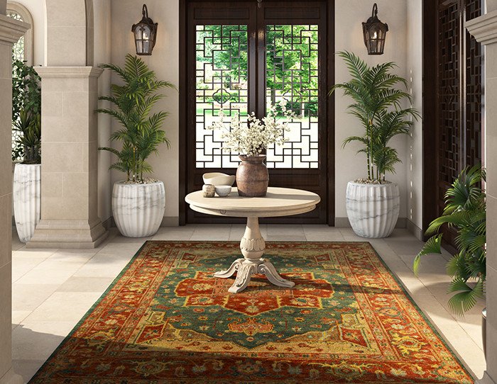 Turkish Carpet Guide: 10 Timeless Facts About Handmade Turkish Rugs & Turkish Wool Carpets 6 Handcrafted Turkish wool carpet with a traditional medallion design in a luxury entryway featuring rich green, red, and gold tones
