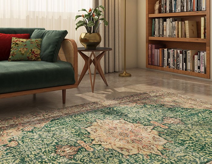 Turkish Carpet Guide: 10 Timeless Facts About Handmade Turkish Rugs & Turkish Wool Carpets 5 Handcrafted Turkish wool rug with a green floral medallion design in a modern living room featuring traditional artisan craftsmanship