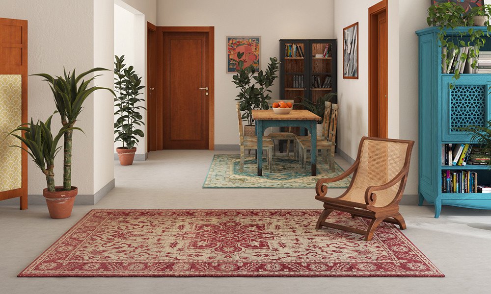 Traditional Turkish carpet with vintage Ottoman-inspired patterns in a modern dining room featuring a handcrafted red and ivory wool rug