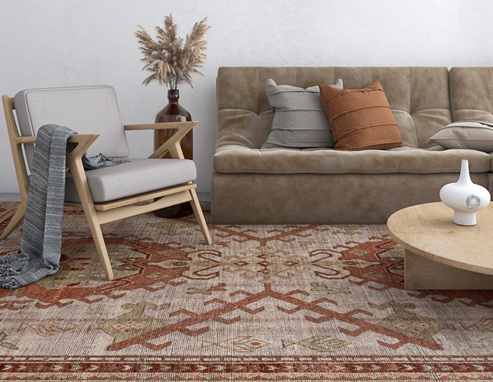 Turkish Carpet Guide: 10 Timeless Facts About Handmade Turkish Rugs & Turkish Wool Carpets 2 Handmade Turkish wool rug with traditional geometric patterns in a modern living room featuring earthy tones and artisan craftsmanship