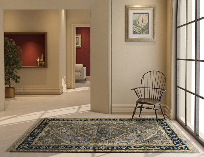 Turkish Carpet Guide: 10 Timeless Facts About Handmade Turkish Rugs & Turkish Wool Carpets 4 Traditional Turkish wool carpet with blue medallion pattern in a modern entryway featuring handcrafted artisan craftsmanship