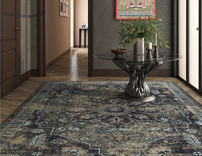 Turkish Carpet Guide: 10 Timeless Facts About Handmade Turkish Rugs & Turkish Wool Carpets 3 Vintage Turkish carpet with distressed blue floral medallion design in a modern luxury hallway featuring handcrafted wool craftsmanship